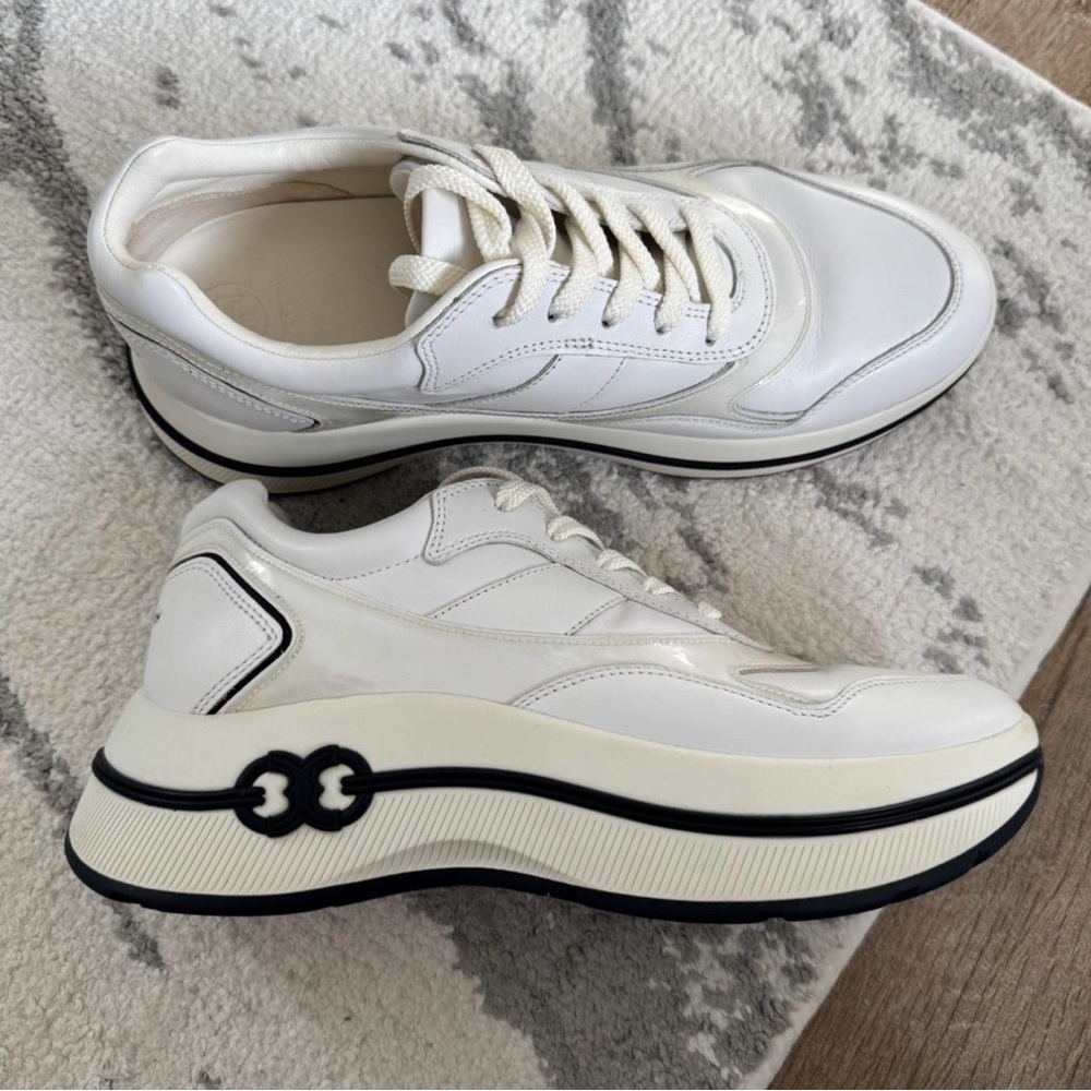 Tory Burch Gemini Link White Leather Designer Platform Sneakers Size 10